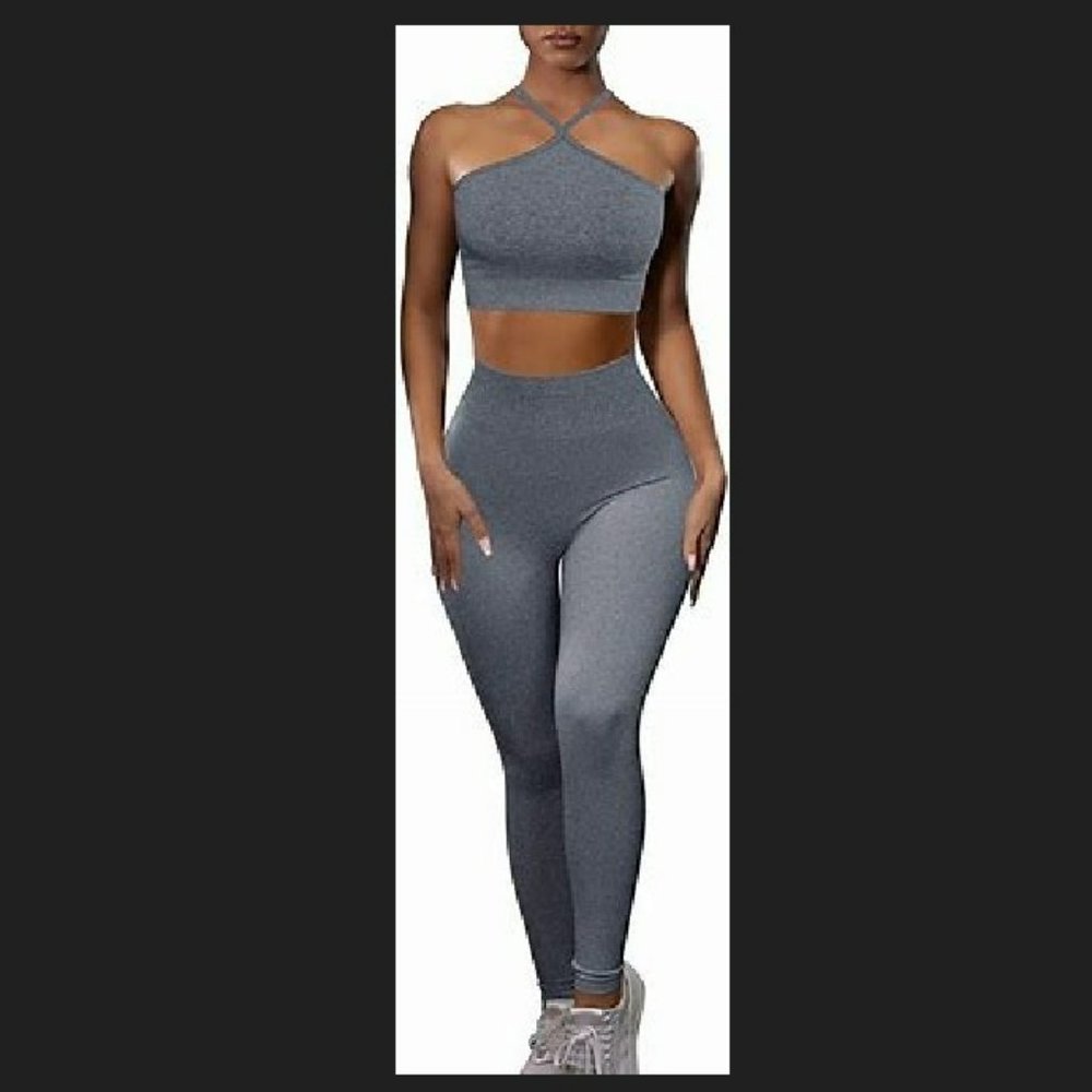 HYZ Women's Seamless Workout 2 Piece Outfits High Waist Legging Adjustable Strap - Picture 2 of 9